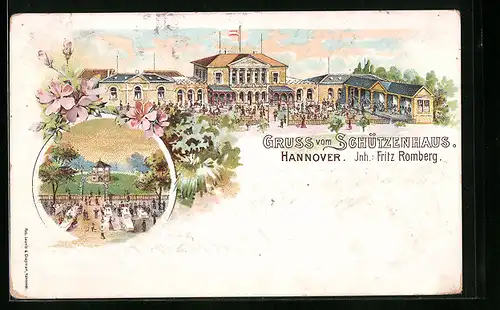 Lithographie Hannover, Gasthof Schützenhaus - Gesamtansicht und Garten