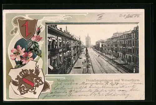 Präge-Lithographie Mannheim, Heidelbergerstrasse und Wasserthurm, Wappen