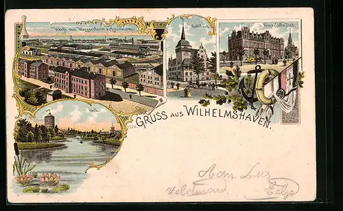 Lithographie Wilhelmshaven, Werft vom Wasserturm aus, Rathaus, Parkpartie mit Turm
