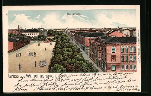 Lithographie Wilhelmshaven, Roonstrasse mit Kasernenhof aus der Vogelschau