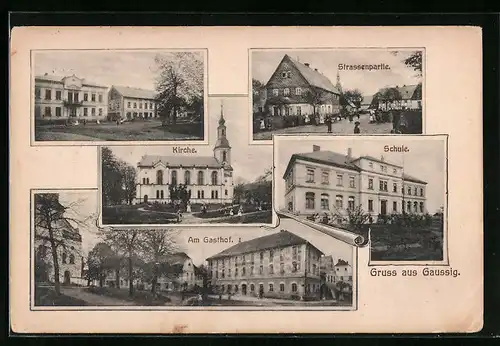 AK Gaussig, Am Gasthof, Strassenpartie, Schule