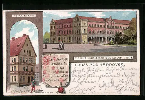 Lithographie Hannover, Altes Lyceum, Fahrender Scholare, Festpostkarte zum 550-jährigen Jubiläum