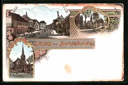 Lithographie Buxtehude, Strassenpartien, Ortspartie mit Kirche
