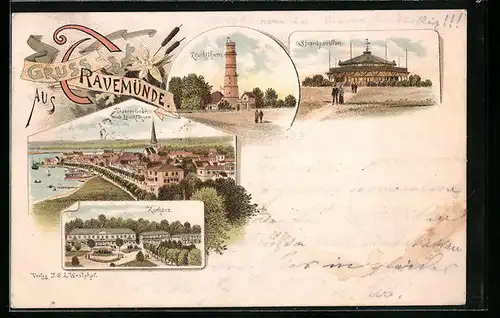 Vorläufer-Lithographie Travemünde, 1895, Ortsansicht mit Leuchtthurm, Kurhaus, Strandpavillon