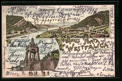 Lithographie Porta Westfalica, Gesamtansicht, Denkmal Kaiser Wilhelm