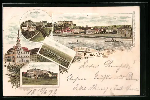 Lithographie Pirna /Elbe, Sonnenstein, Kaserne und Seminar