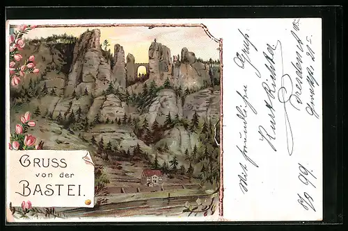 Lithographie Bastei, Gruss von der Bastei im Elbsandsteingebirge