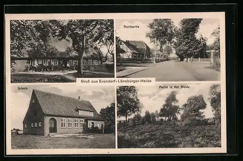 AK Evendorf, Schule, Dorfpartie, Partie in der Lüneburger Heide