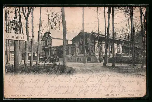 AK Israelsdorf b. Lübeck, Einfahrt zur Forsthalle