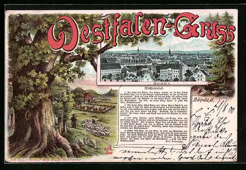 Lithographie Bünde, Ortsansicht aus der Vogelschau