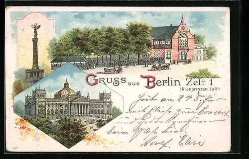 Lithographie Berlin, Gasthaus Zelt 1, Kronprinzen Zelt, Reichstagsgebäude