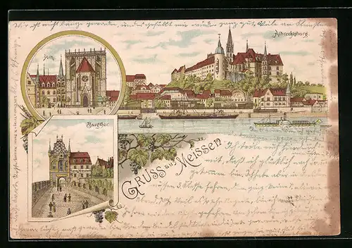 Lithographie Meissen, Dom, Burgthor, Albrechtsburg