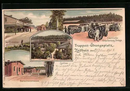 Lithographie Zeithain, Truppen-Übungsplatz, Cantine, Electrische Scheibenzug Anlage