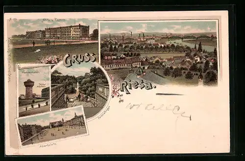 Lithographie Riesa a. E., Artillerie-Kaserne, Wasserturm und Hotel Höpfner, Albertplatz und Parkfreitreppe