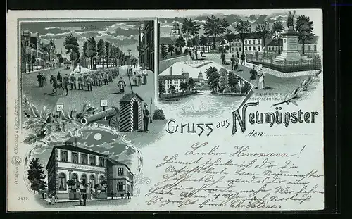 Mondschein-Lithographie Neumünster, Bahnhofs-Hotel, Kleinflecken mit Kriegerdenkmal, Markt
