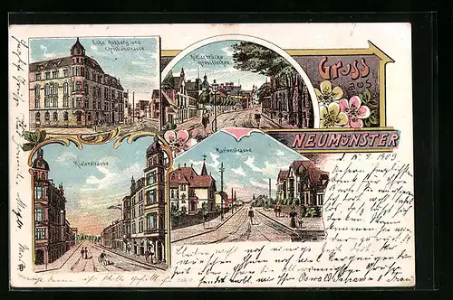 Lithographie Neumünster, Kielerbrücke Grossflecken, Kielerstrasse, Marienstrasse