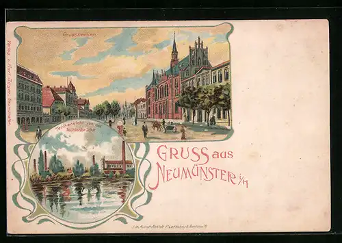 Lithographie Neumünster i. H., Grossflecken, Teichansicht von der Mühlenbrücke