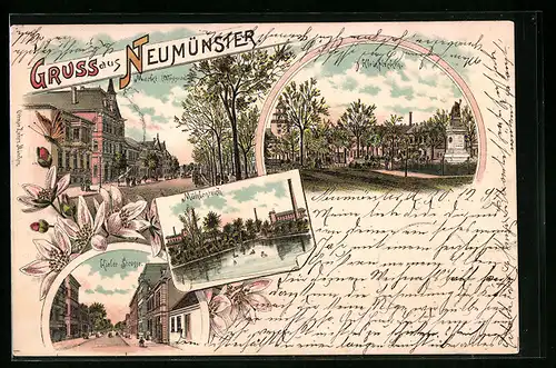 Lithographie Neumünster, Kleinflecken, Mühlteich und Kieler Strasse
