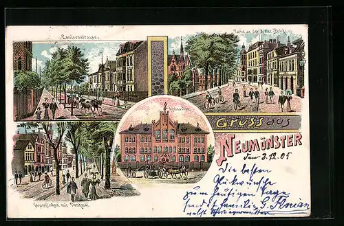 Lithographie Neumünster /Holstein, Louisenstrasse, Partie an der Kieler Brücke, Gymnasium