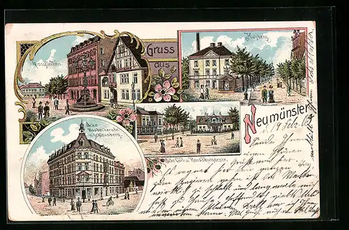 Lithographie Neumünster /Holst., Kuhberg, Grossflecken, Ecke Wasbeckerstrasse und Schleusberg