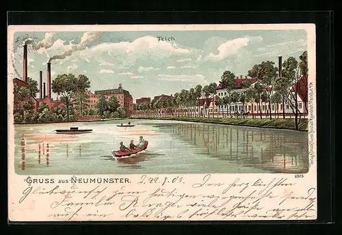 Lithographie Neumünster, Teich mit Ruderpartie