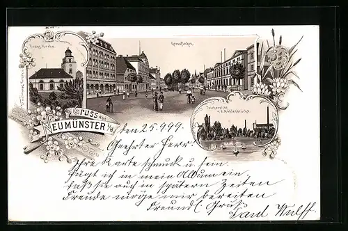 Lithographie Neumünster i. H., Grossflecken, Evang. Kirche, Teichansicht v. d. Mühlenbrücke