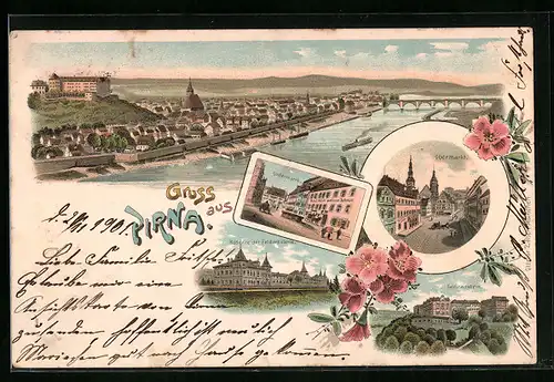 Lithographie Pirna, Panorama, Untermarkt, Obermarkt, Kaserne der Feldartillerie