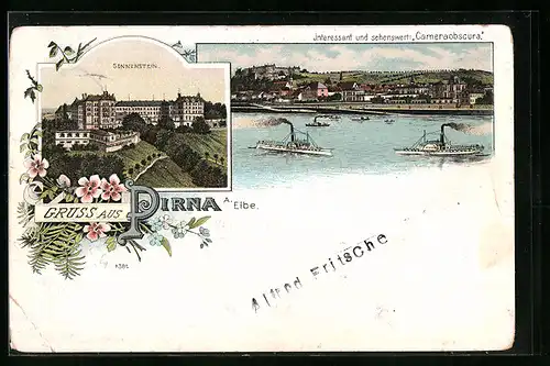 Lithographie Pirna a. Elbe, Teilansicht mit Dampfern, Sonnenstein