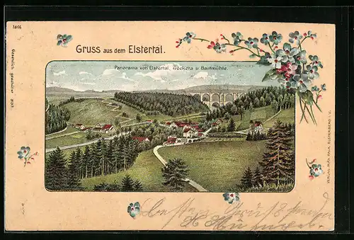 Präge-Lithographie Jocketa, Panorama von Elstertal mit Jocketa und Bartmühle