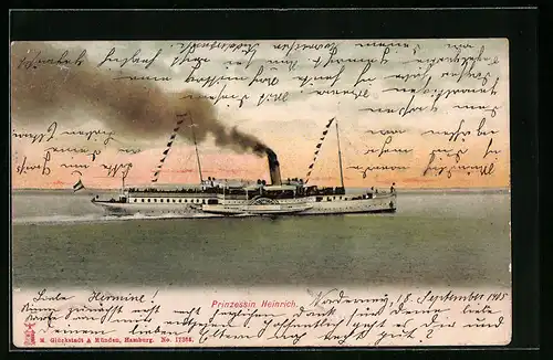AK Passagierschiff Prinzessin Heinrich bei Abendlicht