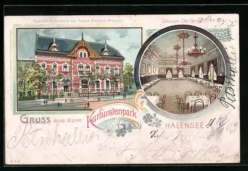 Lithographie Berlin-Halensee, Gasthaus Kurfürstenpark, Strassenansicht und Innenansicht