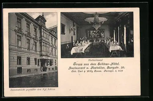 AK Berlin, Schloss-Hotel in der Burgstr. 20 mit Strasse, Hochzeitssaal