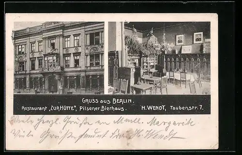 AK Berlin, Restaurant Zur Hütte / Pilsener Bierhaus, Taubenstr. 7, Fassade, Innenansicht