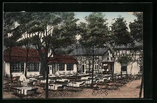 AK Gera, Gasthof Briefkasten Waldhaus, Gartenansicht
