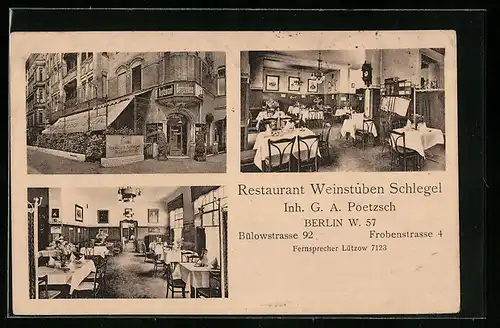 AK Berlin, Restaurant Weinstuben Schlegel, Bülowstr. 92 und Frobenstr. 4, Strassenansicht, Innenansichten