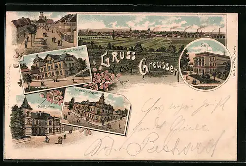 Lithographie Greussen, Ortsansicht, Strassenpartie, Schützenhaus