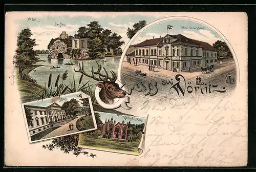 Lithographie Wörlitz, Hotel grüner Baum, Der Stein, Schloss