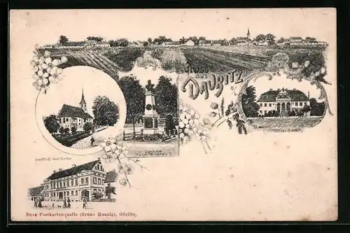 Lithographie Daubitz, Ortspanorama, Gasthof zur Krone, Schloss