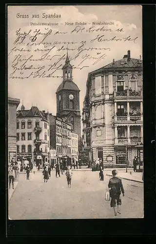 AK Berlin-Spandau, Potsdamerstrasse mit Bäckerei, Neue Brücke und Nicolaikirche
