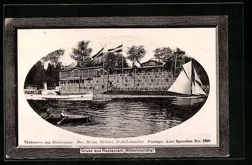 Präge-AK Berlin-Spandau, Restaurant Wilhelmshöhe, Terrassen am Stössensee, Passepartout