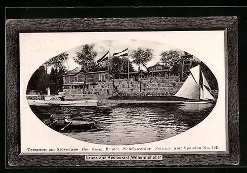 Präge-AK Berlin-Spandau, Restaurant Wilhelmshöhe, Terrassen am Stössensee, Passepartout