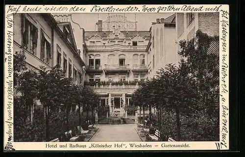 AK Wiesbaden, Hotel und Badhaus Kölnischer Hof, Gartenansicht