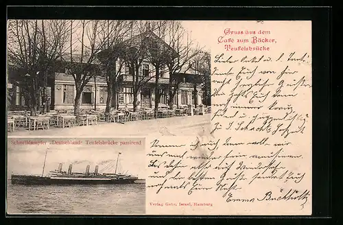 AK Hamburg-Teufelsbrücke, Cafe zum Bäcker, Schnelldampfer Deutschland Teufelsbrücke passierend