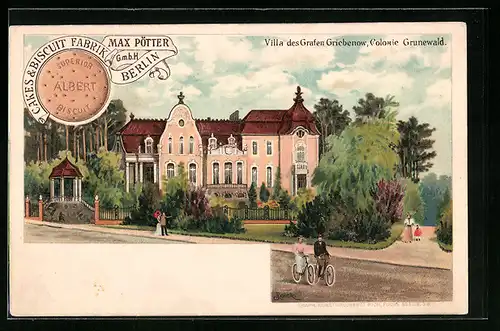 Lithographie Berlin-Grunewald, Villa des Grafen Griebenow, Colonie Grunewald, Reklame Cakes & Biscuit Fabrik Max Pötter