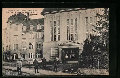 AK Berlin-Zehlendorf, Lindenpark Hotel und Restaurant mit dem Saal in dem die Soldaten liegen