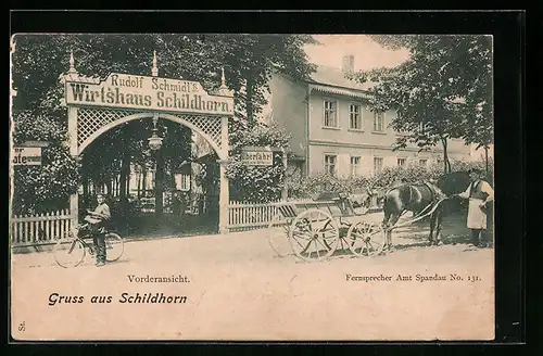 AK Berlin-Grunewald, Gasthaus Schildhorn mit Pferdewagen, Vorderansicht