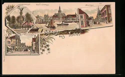 Lithographie Leer, Hafen mit Rathaus, Neuestrasse, Kriegerdenkmal und Mühlenstrasse