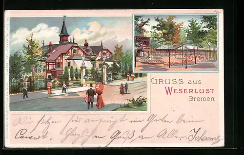 Lithographie Bremen, Gasthaus Weserlust mit Garten