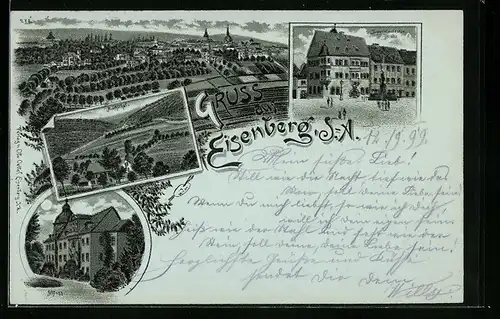 Mondschein-Lithographie Eisenberg /S.-A., Superintendentur, Schloss, Ortsansicht