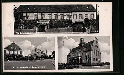 AK Gröditz, Richters Gasthof von der Strasse gesehen, Rathaus und Strasse mit Schule und Kirche